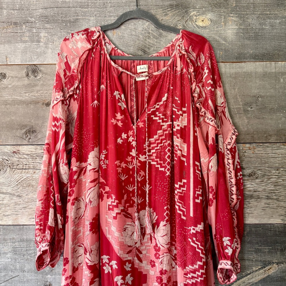 Chufy Paracas Caftan Dress S Red Pink Floral Tiered Maxi Boho Resort Luxury Vaca - Picture 5 of 15